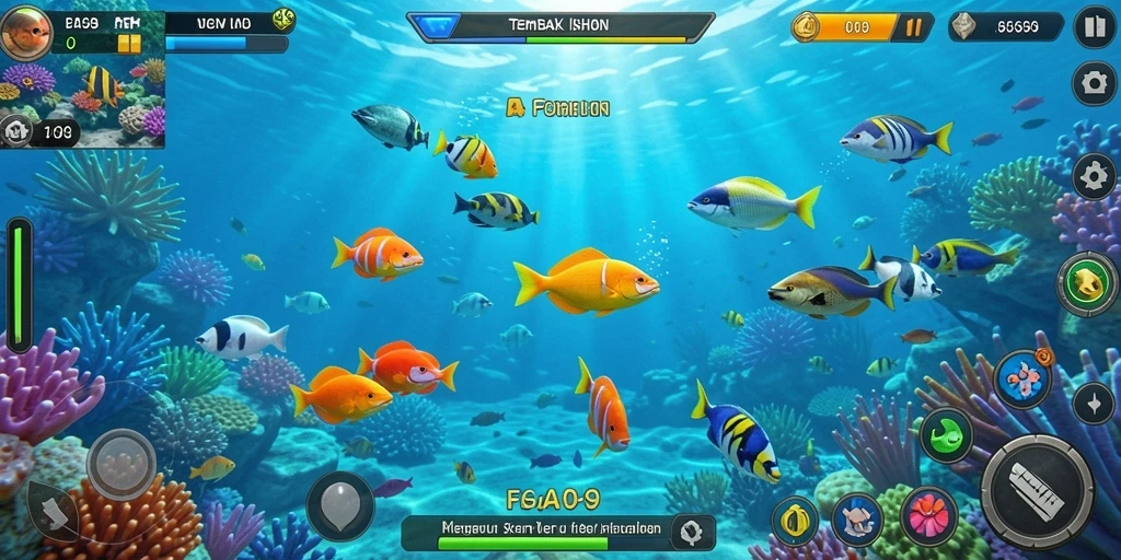 Screenshot menunjukkan aksi menembak ikan yang seru dalam FA99.