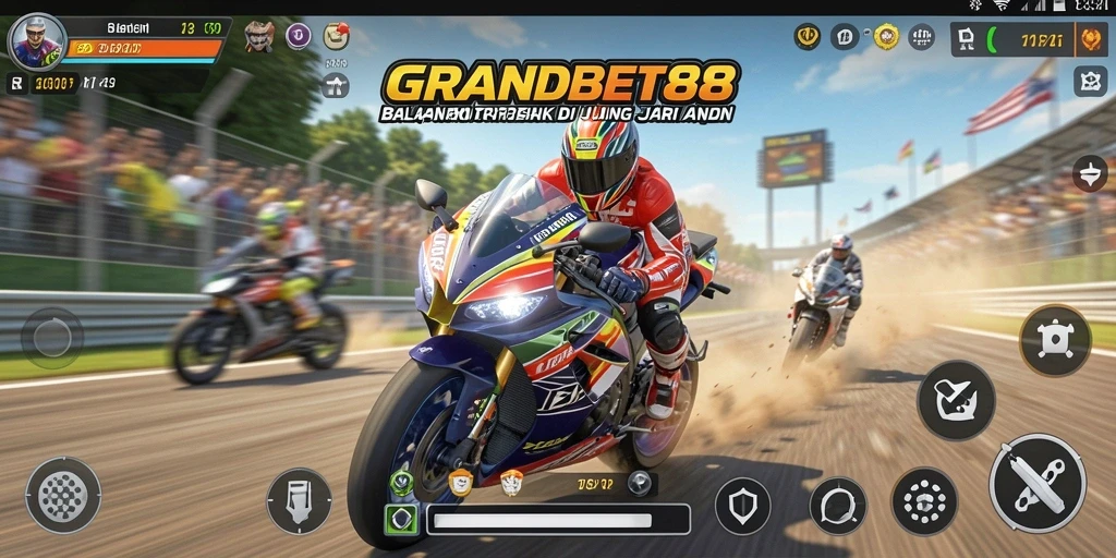 Tangkapan layar gameplay GRANDBET88 menampilkan aksi balapan motor yang memukau.