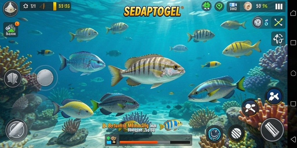 Tangkapan layar gameplay SEDAPTOGEL yang menampilkan aksi memancing ikan yang seru.