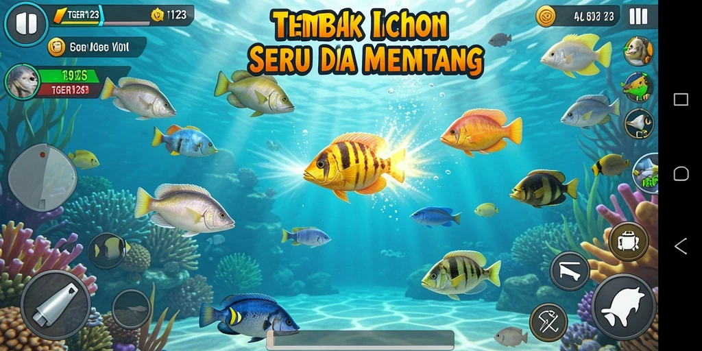 Screenshot gameplay TGER123 menunjukkan aksi menangkap ikan yang mendebarkan.